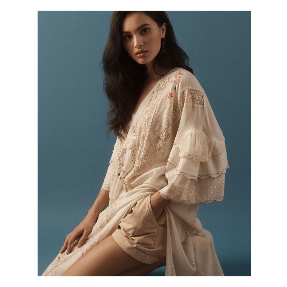 NEW By Anthropologie Embroidered Sheer Kaftan Dress One Size Color: Ivory Combo - Picture 11 of 11